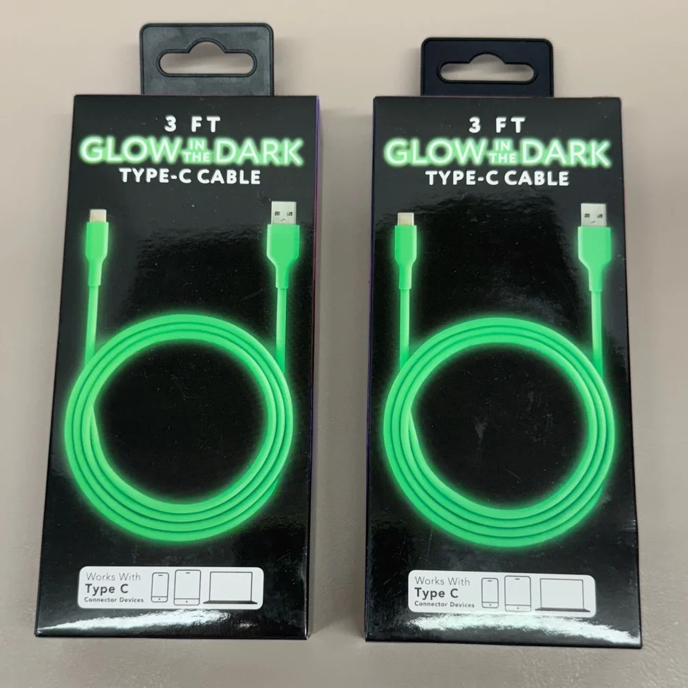 Glow in the Dark Type-C Cable - Green 3ft Length 2 Pack